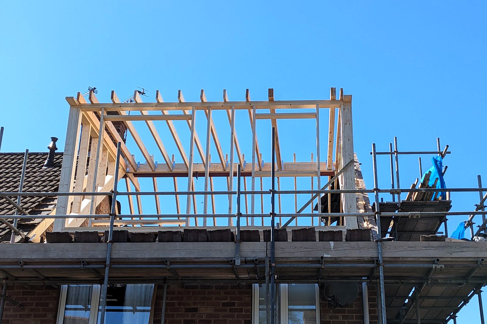 New timber dormer frame erected on the rear roof slope