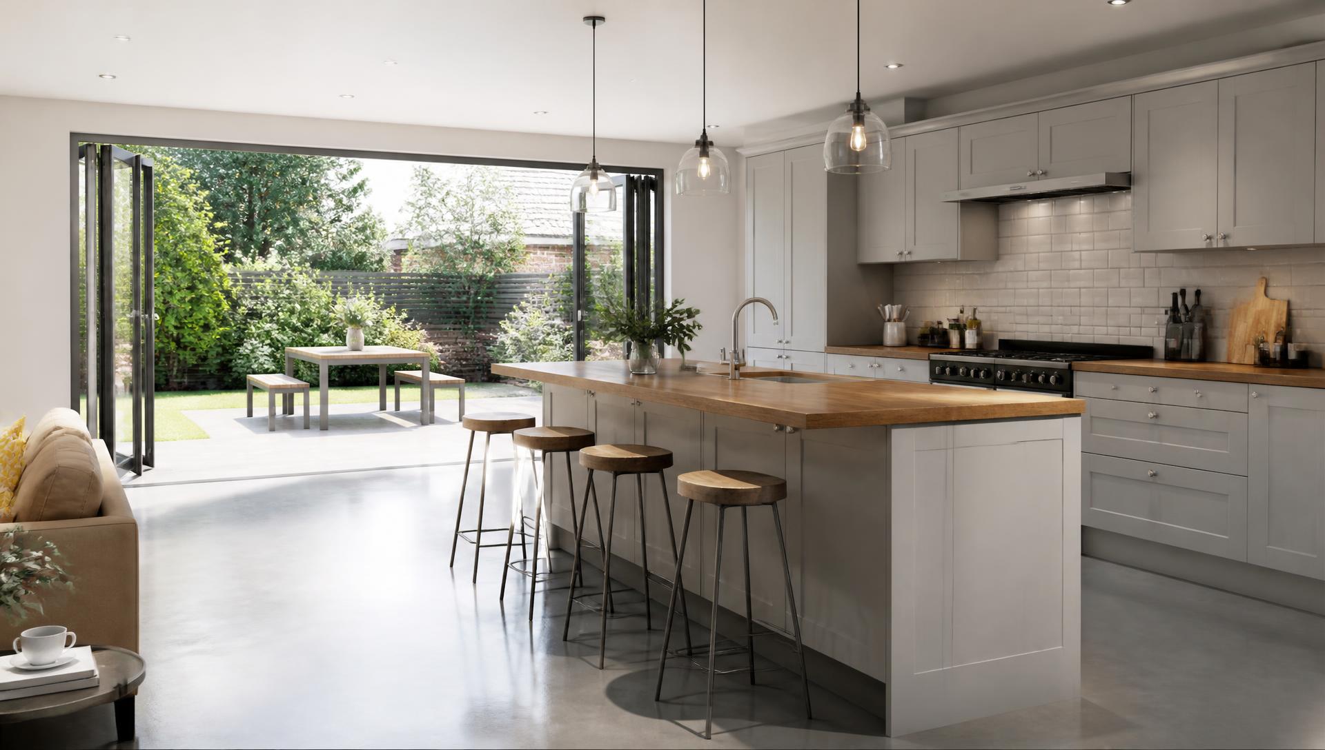 Modern kitchen extension with bifold doors opening to a garden