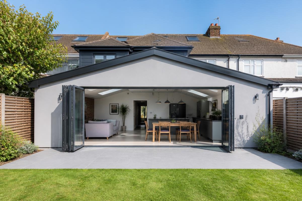 Rear house extension with bifold doors and landscaped garden